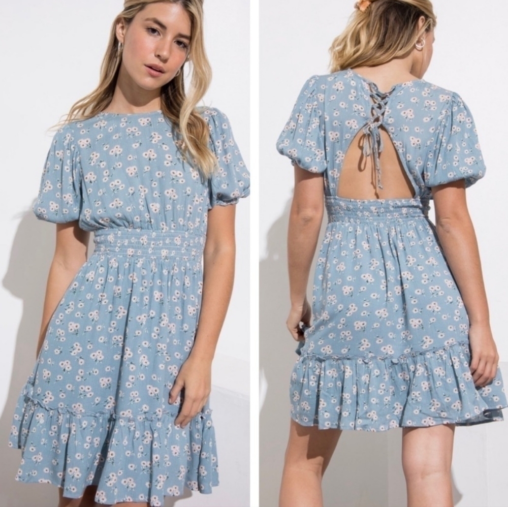 NWT Time After Time boho relaxed flowy dress, gather waist, cutout back Sz S, L